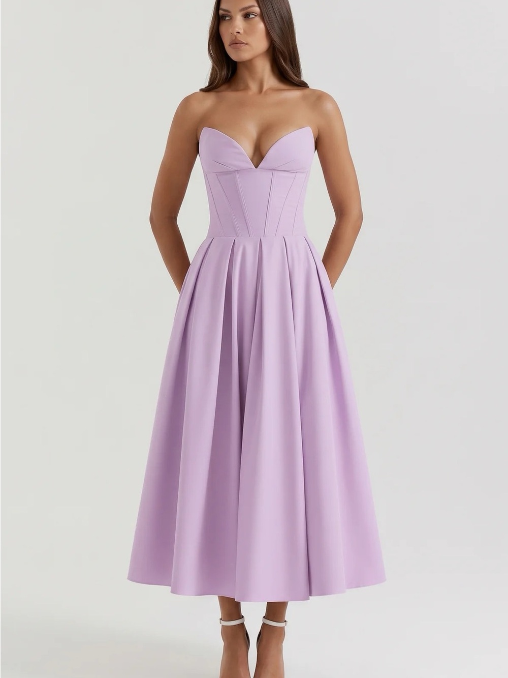 Strapless Lilac Midi Dress with Structured Bodice